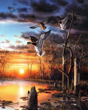 Anas platyrhynchos dans les scènes du coucher du soleil Peinture à l'huile